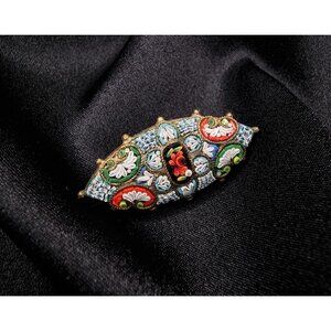 Vintage 1930s Italian Signed Micro Mosaic Brooch Pin  Oval Floral Design